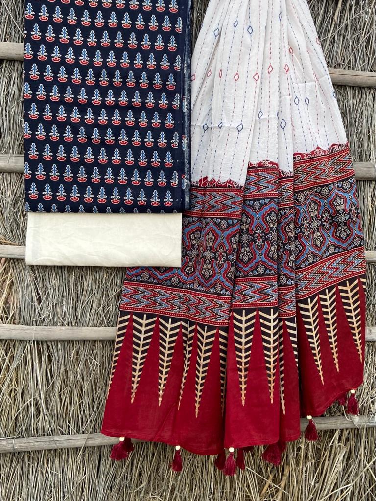 Ajrakh print top with hand kantha work dupatta cotton bottom