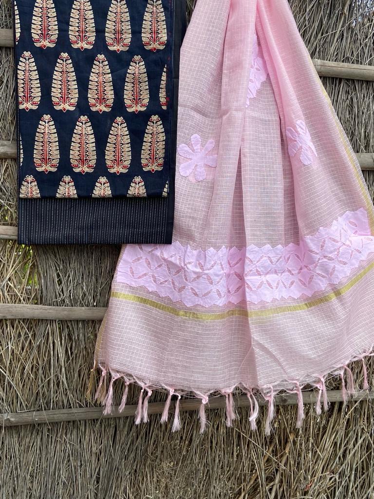 Ajrakh top with kota doriya with hand applique work dupatta set