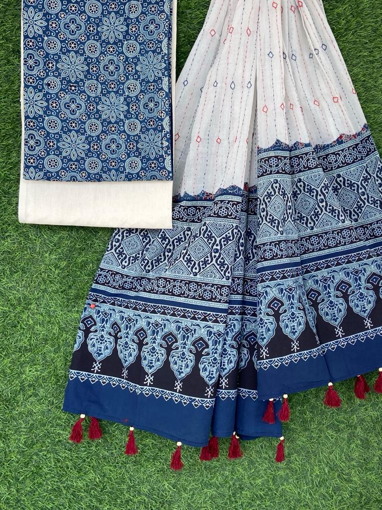 Ajrakh print top with hand kantha work dupatta cotton bottom
