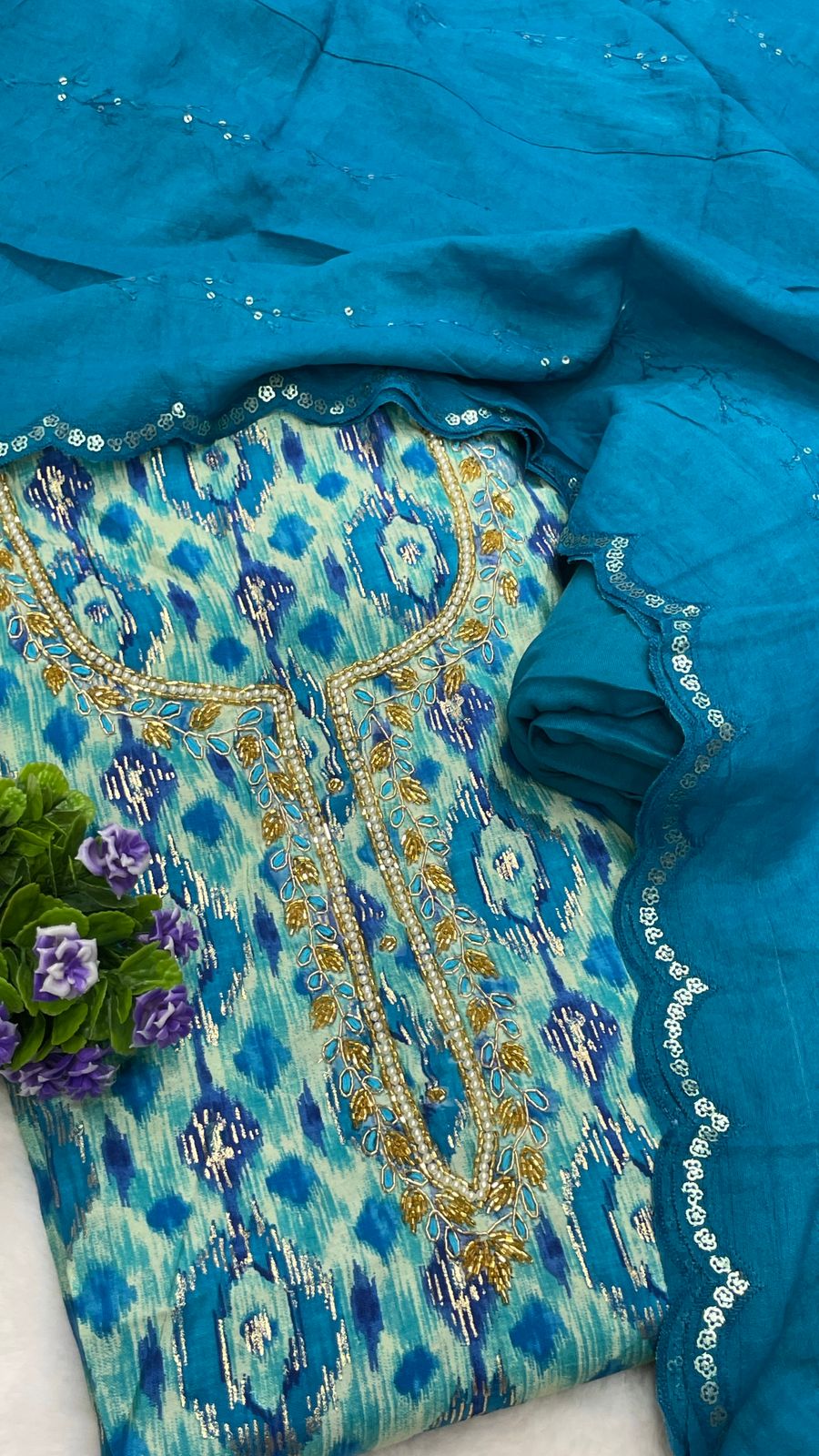 Muslin Suit with embroidery and digital print