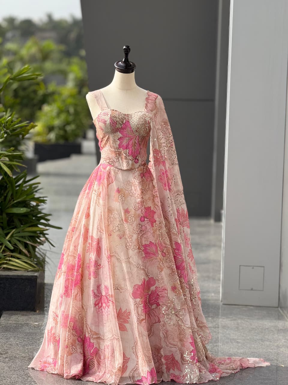 Organza Digital Print Lehenga with Corset Blouse