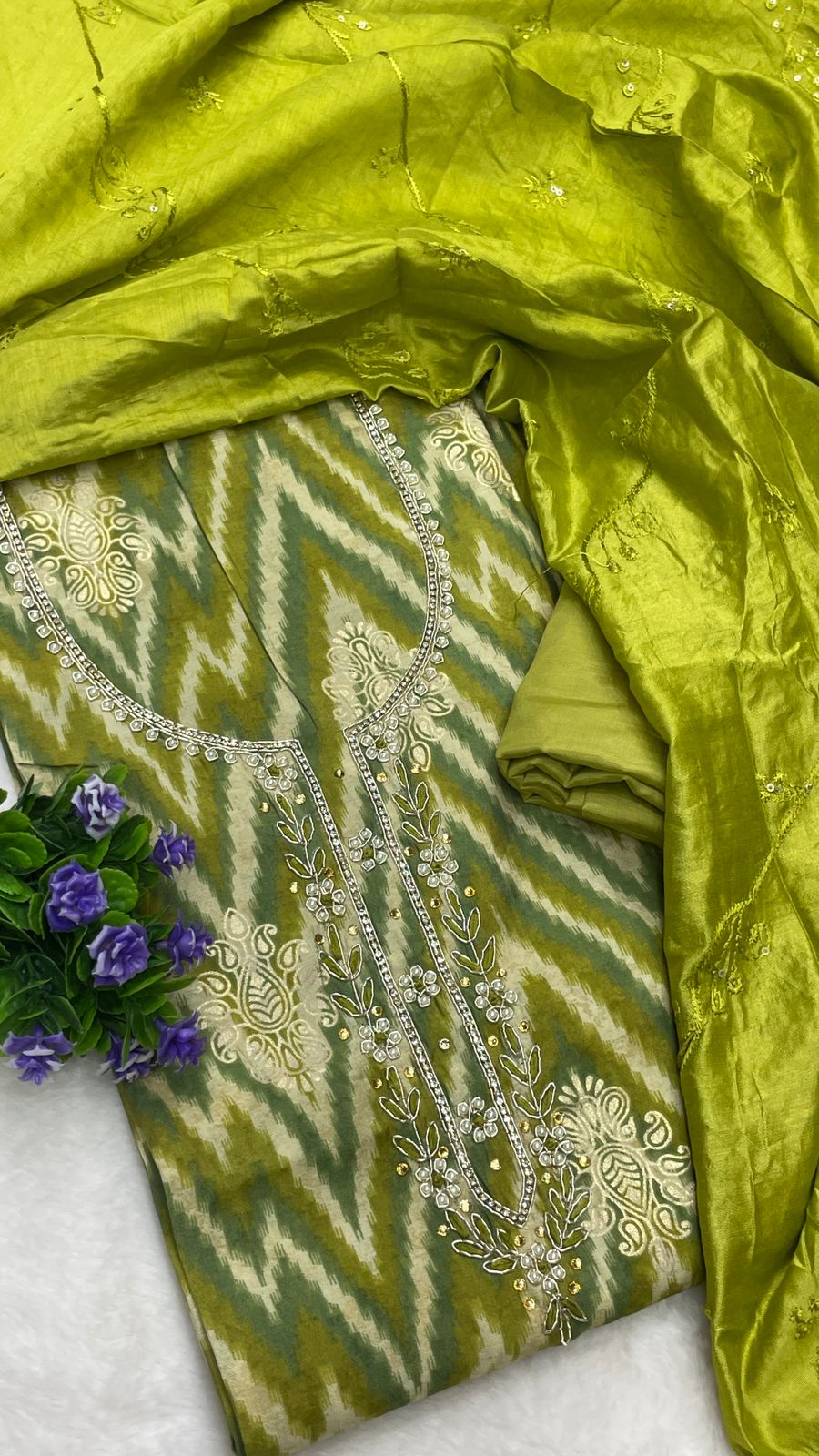 Muslin Suit with embroidery and digital print