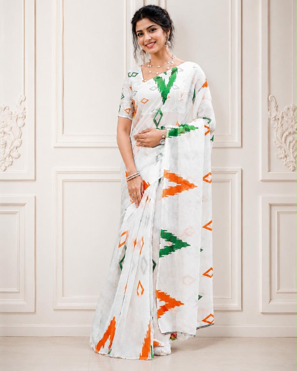 Independence Day Linen Cotton Saree