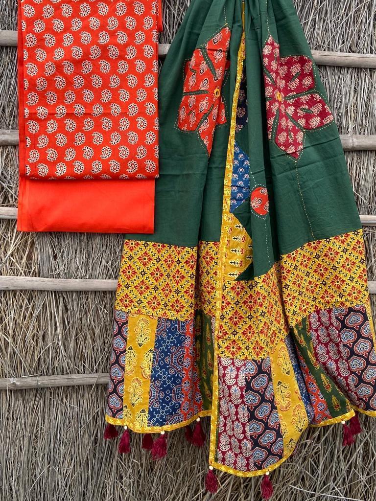 Ajrakh print suit pcs with patch work and mirror work dupatta