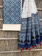 Ajrakh print top with hand kantha work dupatta cotton bottom