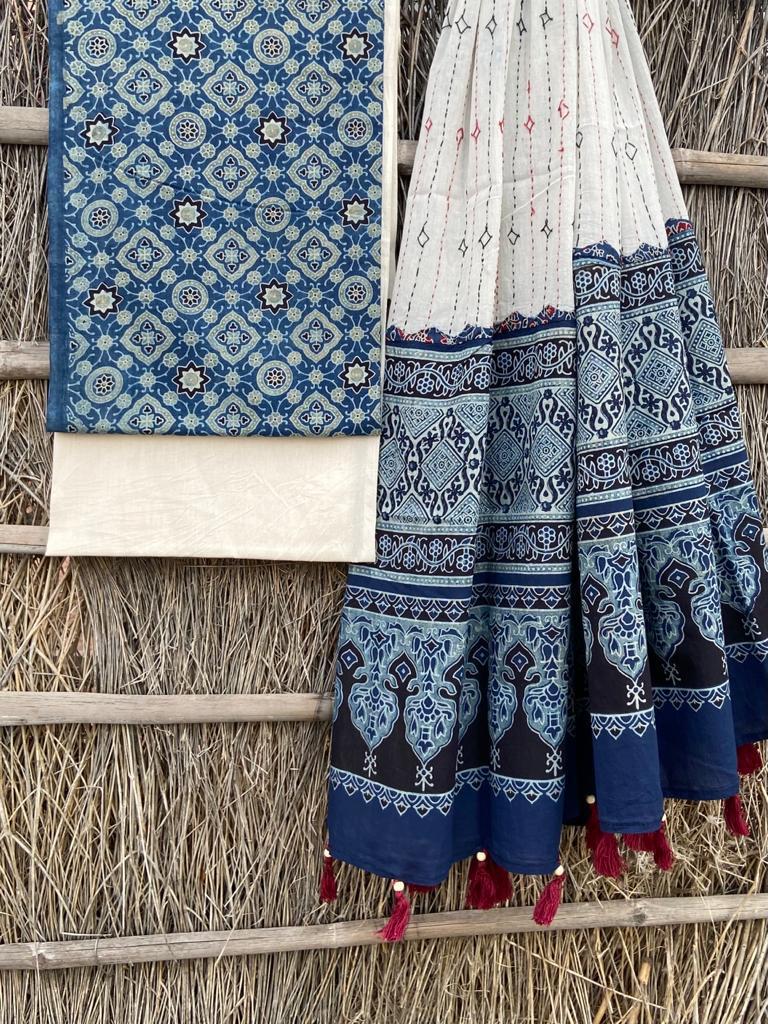 Ajrakh print top with hand kantha work dupatta cotton bottom