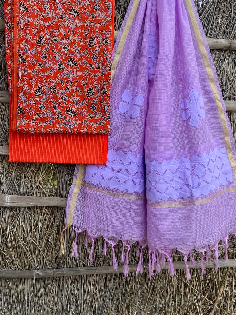 Ajrakh top with kota doriya with hand applique work dupatta set