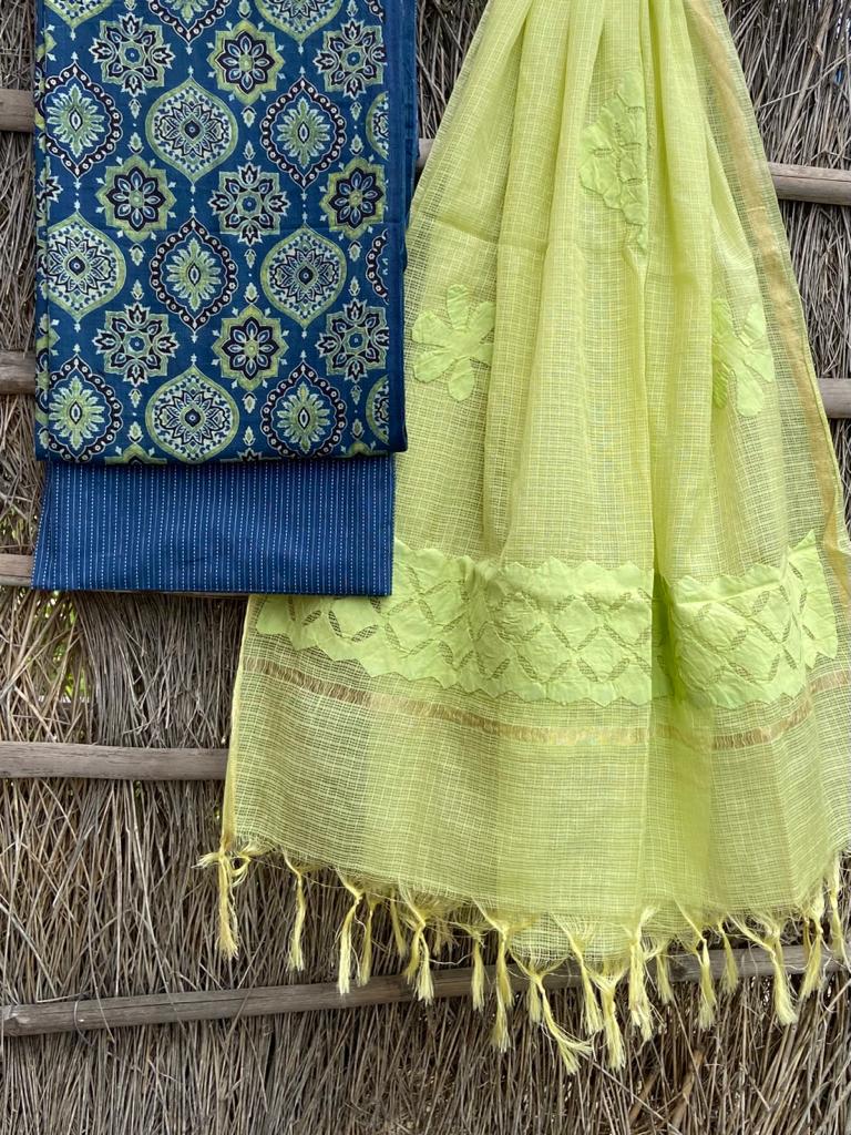 Ajrakh top with kota doriya with hand applique work dupatta set