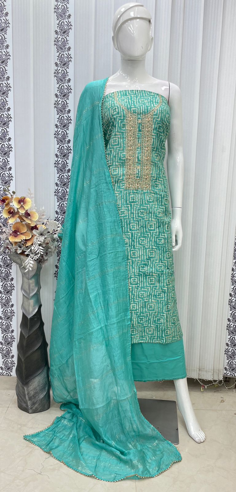 Muslin Suit with embroidery and digital print