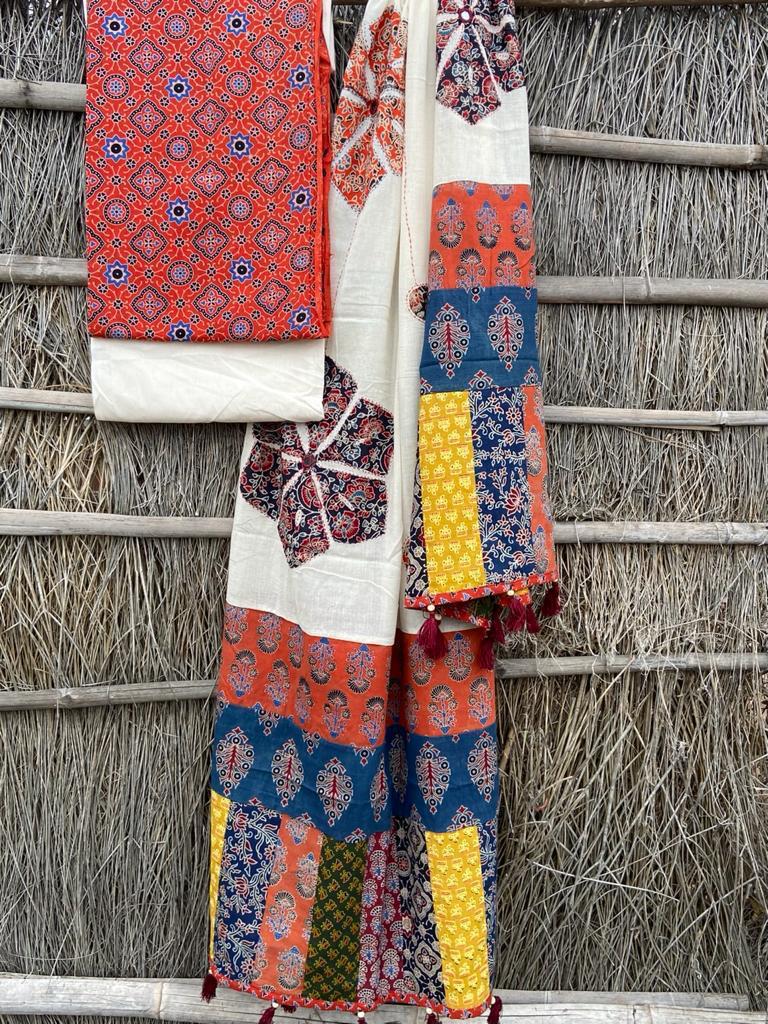 Ajrakh print suit pcs with patch work and mirror work dupatta
