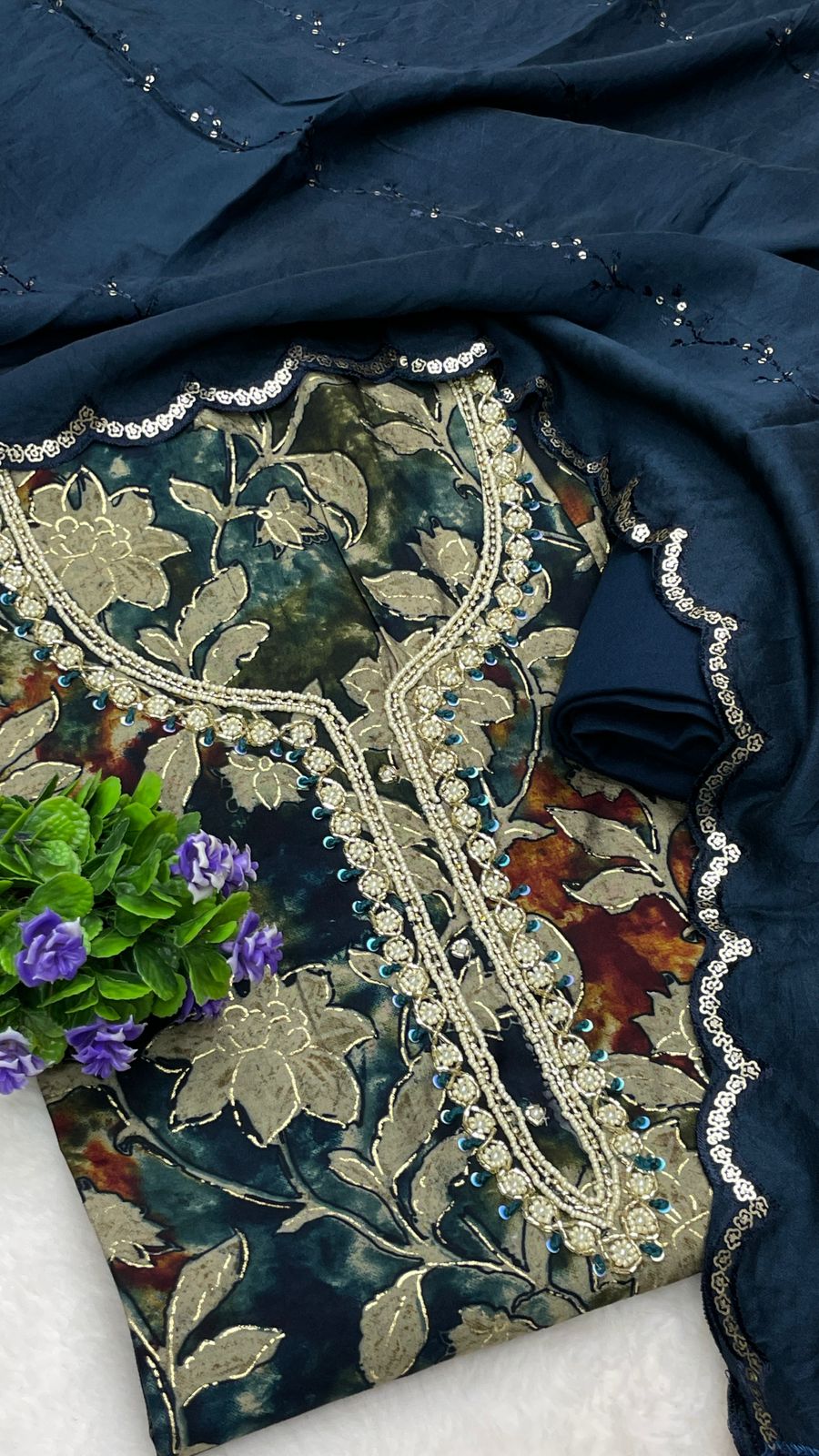 Muslin Suit with embroidery and digital print