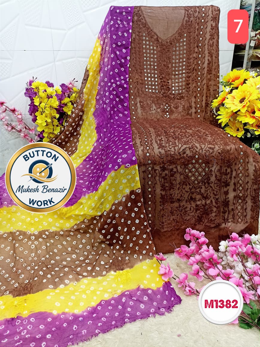 Georgette Hand Embroidered Suit with button mukesh benazir work