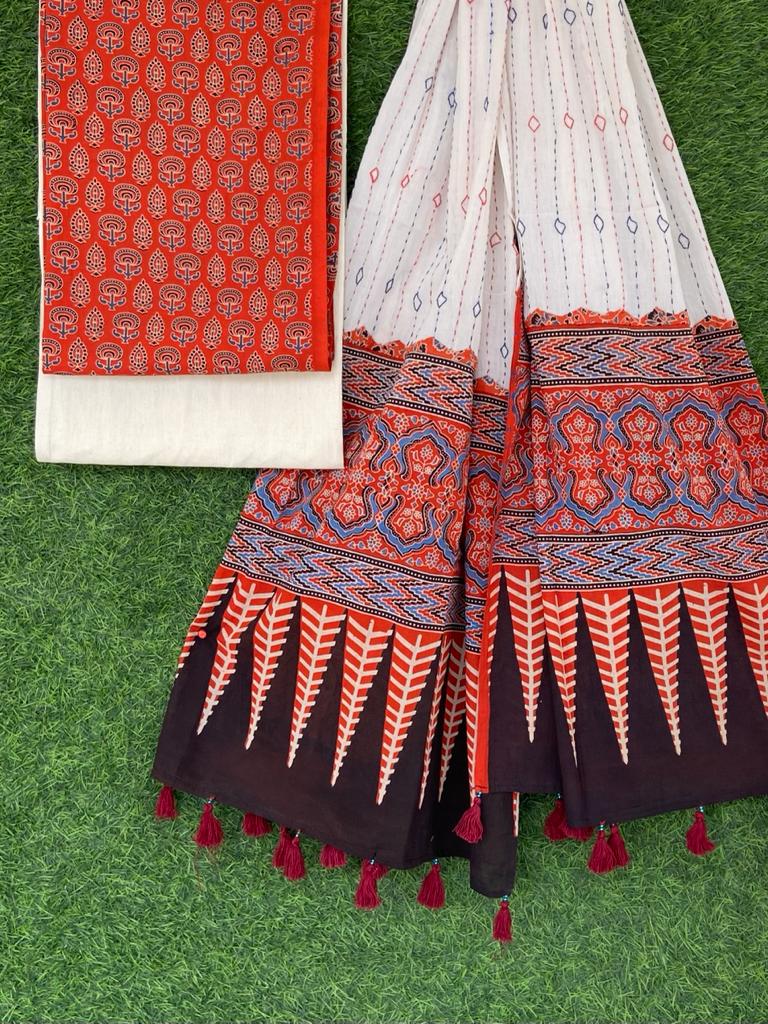 Ajrakh print top with hand kantha work dupatta cotton bottom