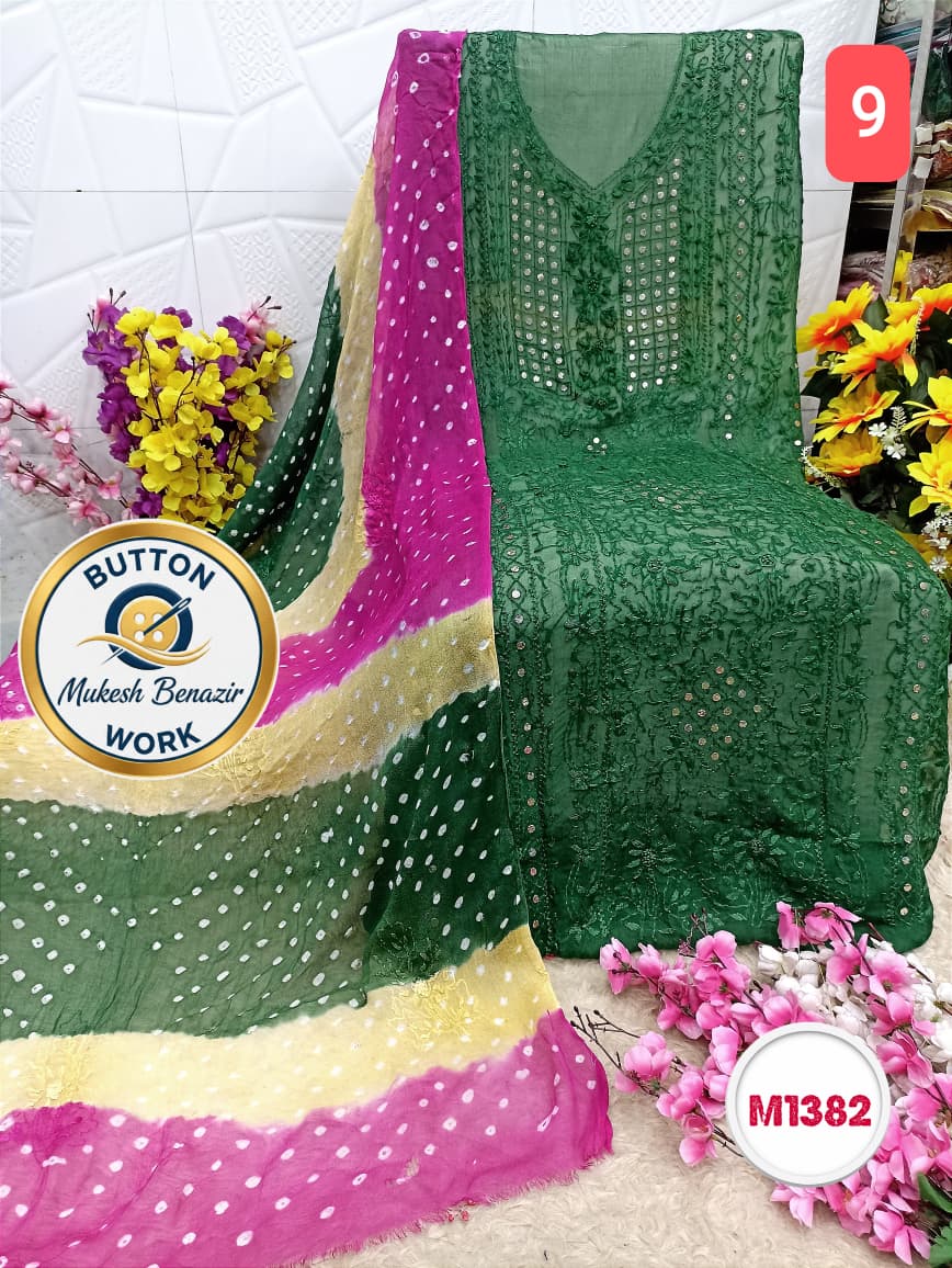 Georgette Hand Embroidered Suit with button mukesh benazir work