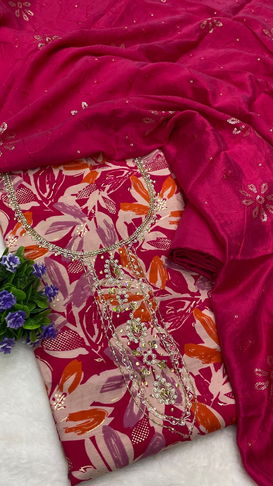 Muslin Suit with embroidery and digital print