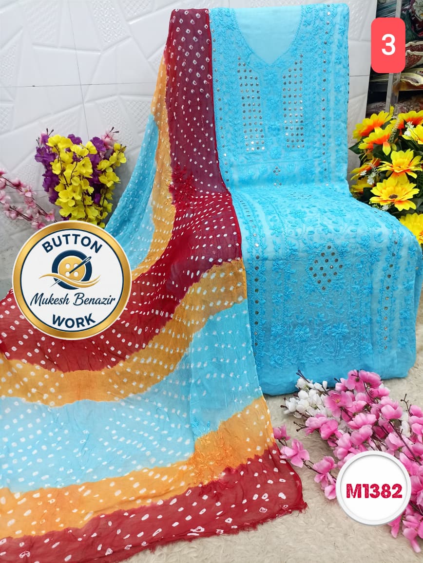 Georgette Hand Embroidered Suit with button mukesh benazir work