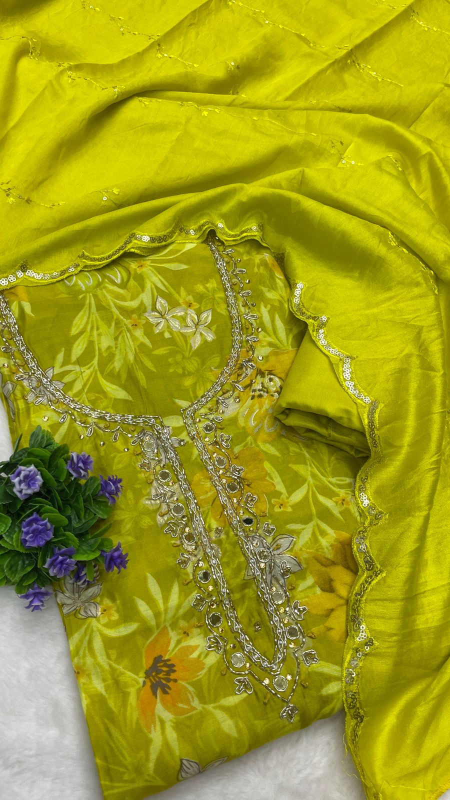 Muslin Suit with embroidery and digital print