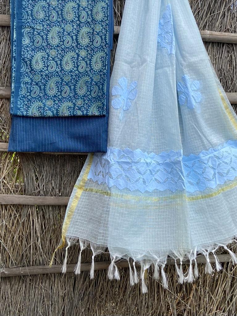 Ajrakh top with kota doriya with hand applique work dupatta set