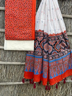 Ajrakh print top with hand kantha work dupatta cotton bottom