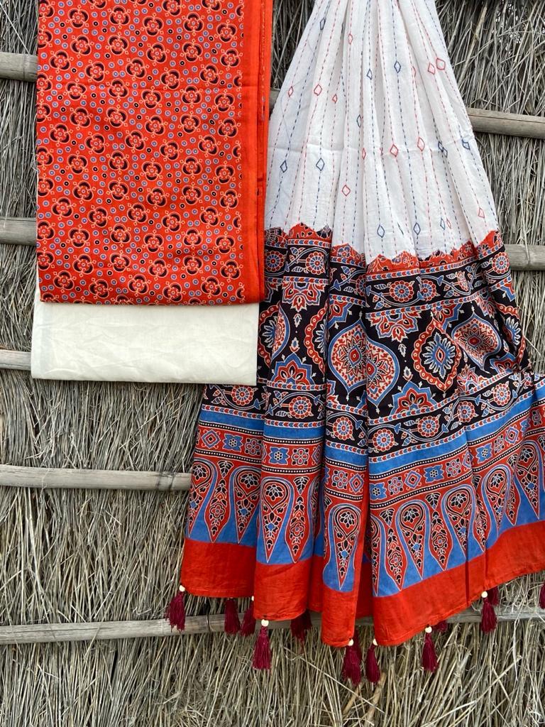 Ajrakh print top with hand kantha work dupatta cotton bottom