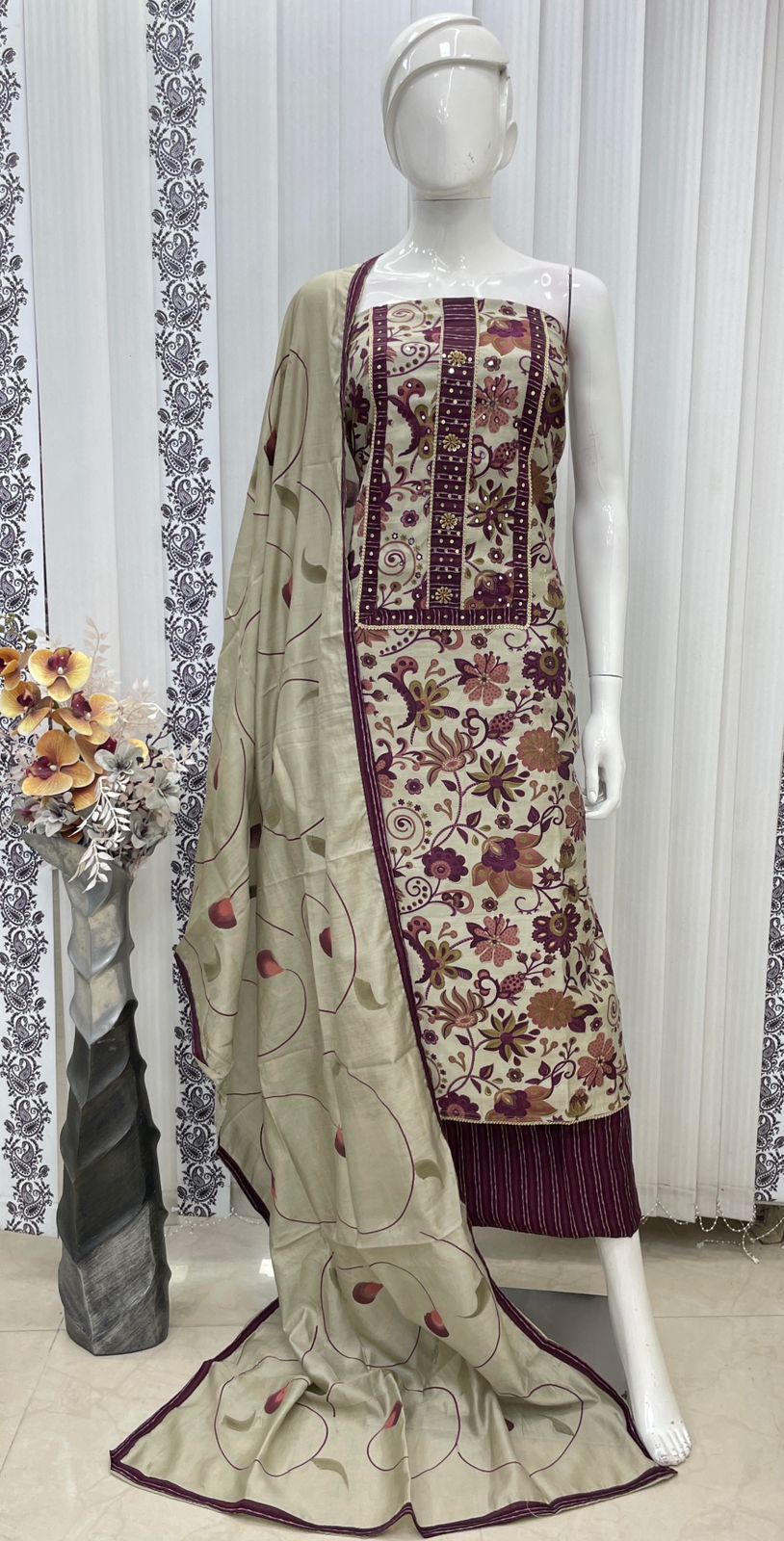 Muslin Suit with embroidery and digital print