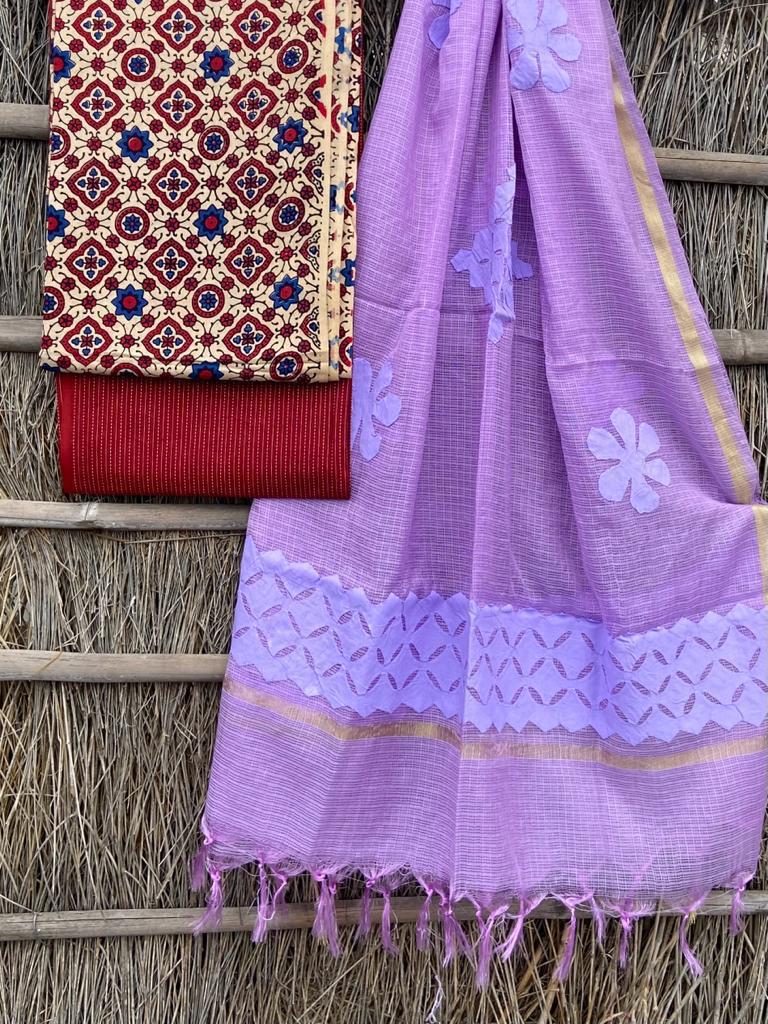 Ajrakh top with kota doriya with hand applique work dupatta set