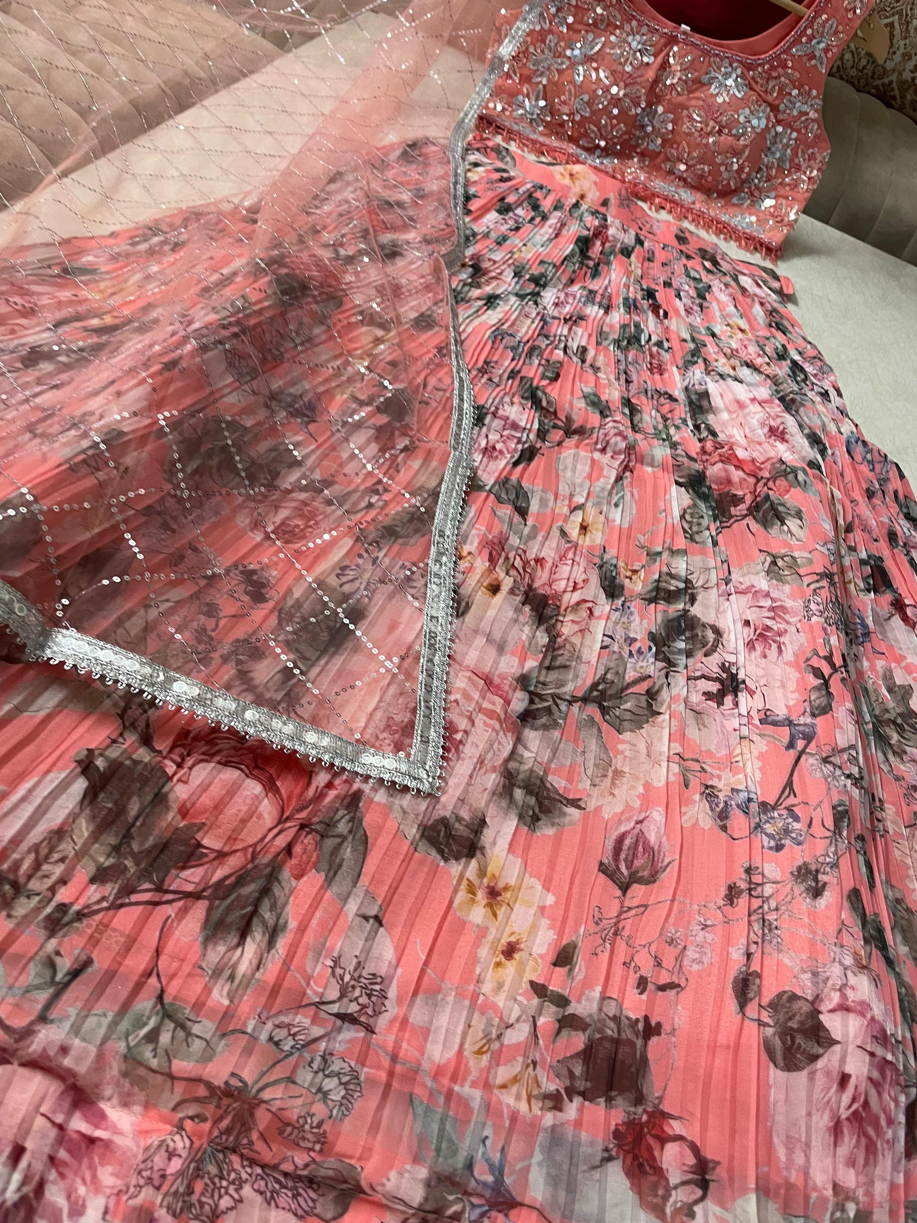 Georgette Crop Top with Digital Print Silk Lehenga