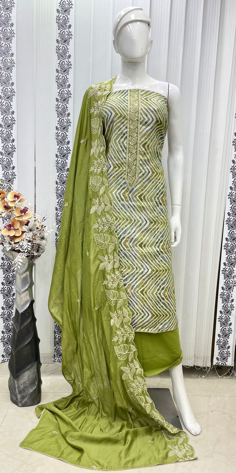 Muslin Suit with embroidery and digital print