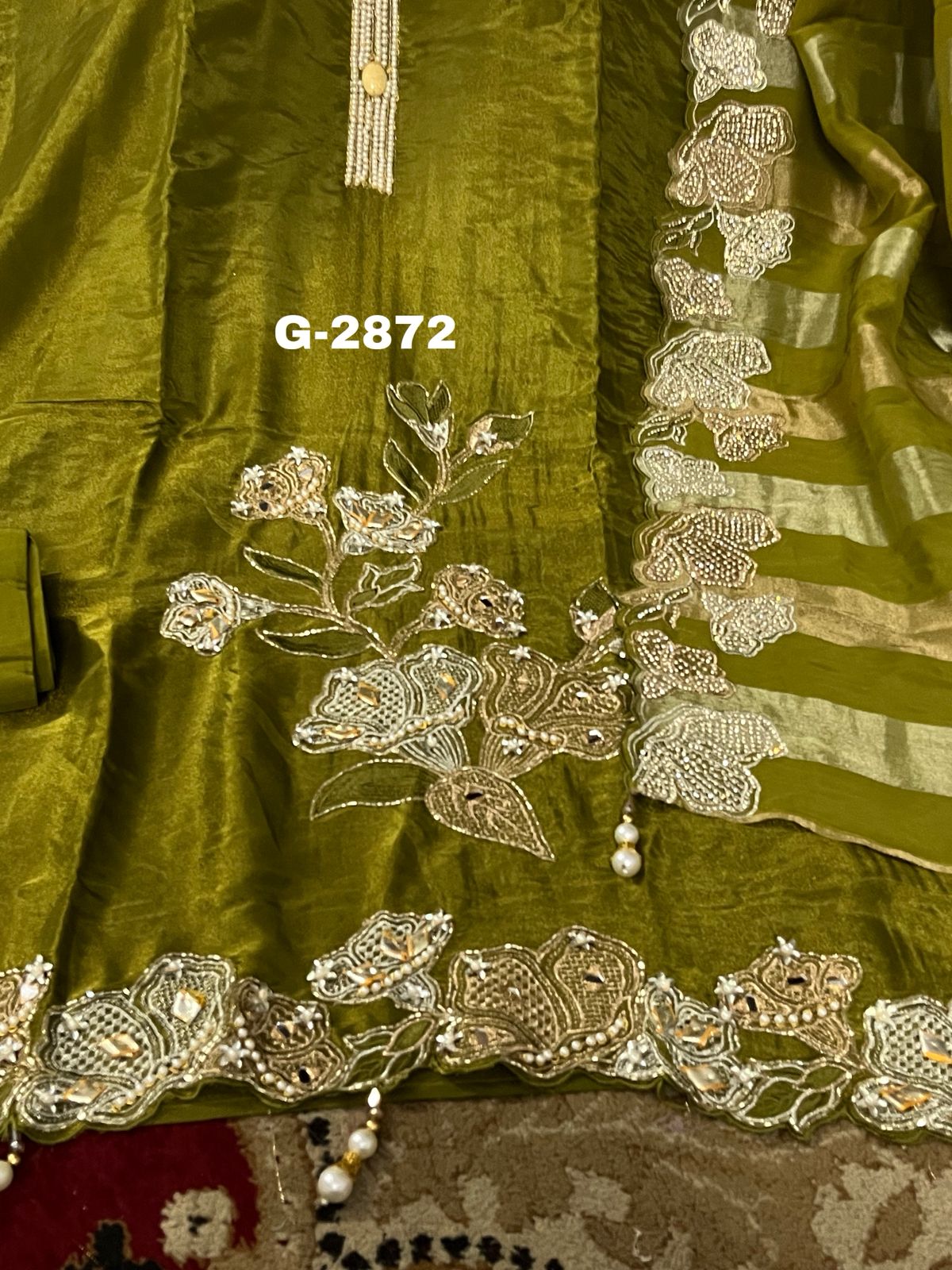 Shimmer Silk Unstitched Suit with pearls katdana and zircon work