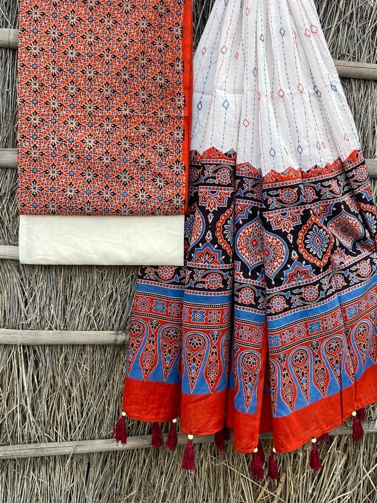 Ajrakh print top with hand kantha work dupatta cotton bottom