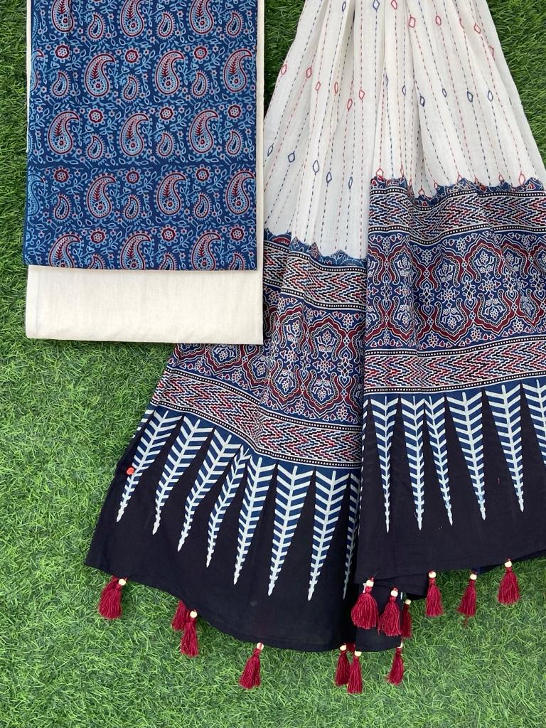 Ajrakh print top with hand kantha work dupatta cotton bottom