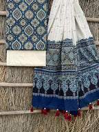 Ajrakh print top with hand kantha work dupatta cotton bottom