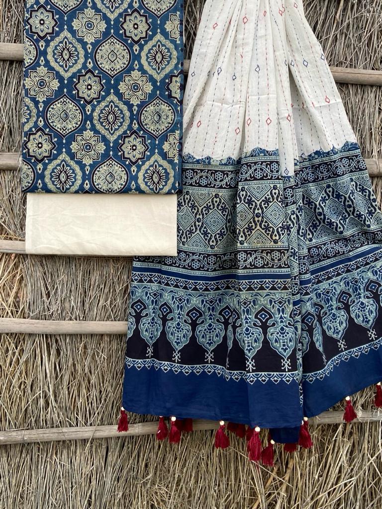 Ajrakh print top with hand kantha work dupatta cotton bottom