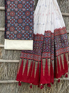 Ajrakh print top with hand kantha work dupatta cotton bottom