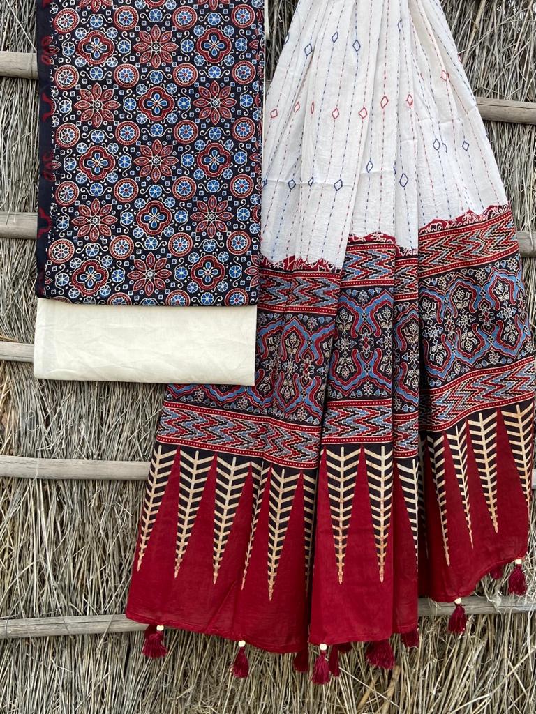 Ajrakh print top with hand kantha work dupatta cotton bottom