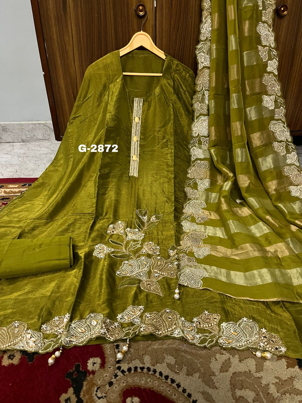 Shimmer Silk Unstitched Suit with pearls katdana and zircon work