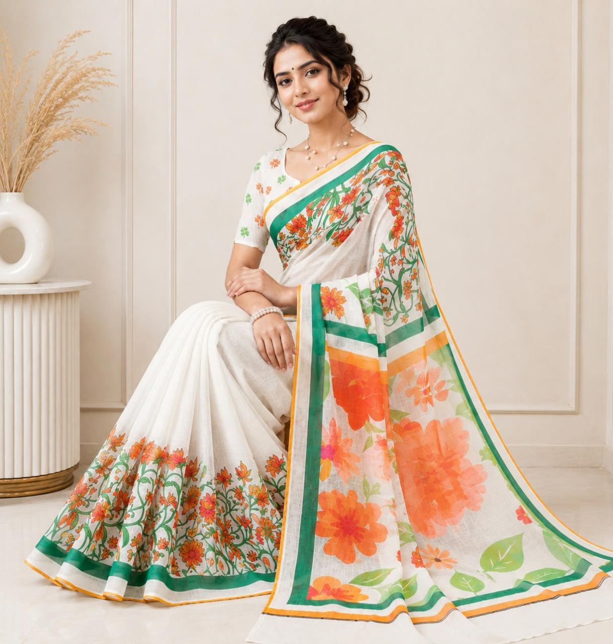 Independence Day Linen Cotton Saree