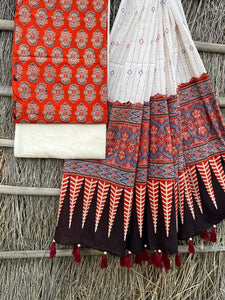 Ajrakh print top with hand kantha work dupatta cotton bottom