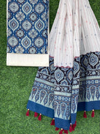 Ajrakh print top with hand kantha work dupatta cotton bottom