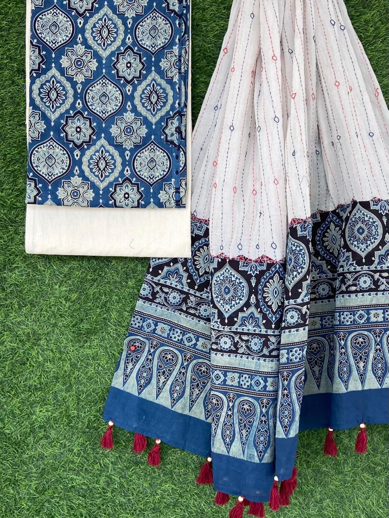 Ajrakh print top with hand kantha work dupatta cotton bottom
