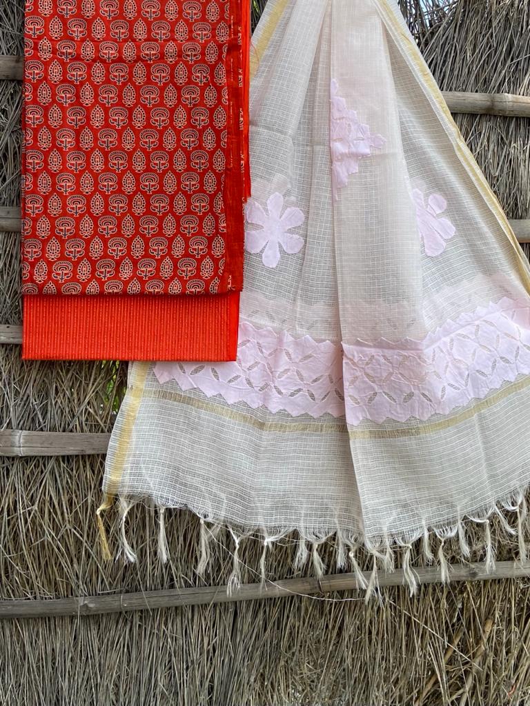 Ajrakh top with kota doriya with hand applique work dupatta set