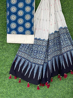 Ajrakh print top with hand kantha work dupatta cotton bottom