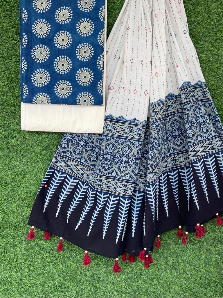 Ajrakh print top with hand kantha work dupatta cotton bottom