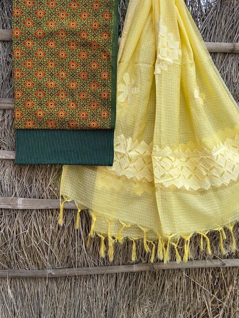Ajrakh top with kota doriya with hand applique work dupatta set