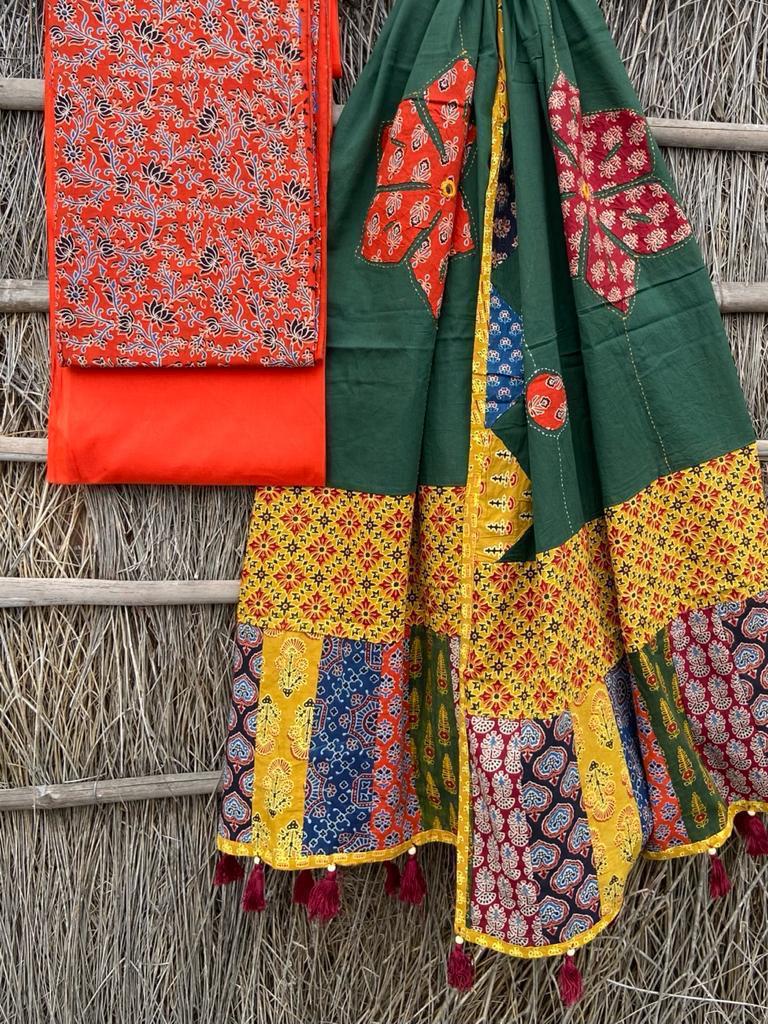 Ajrakh print suit pcs with patch work and mirror work dupatta