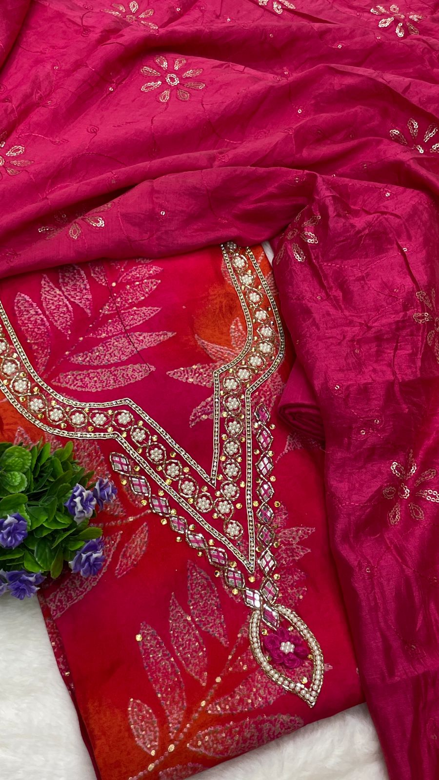 Muslin Suit with embroidery and digital print