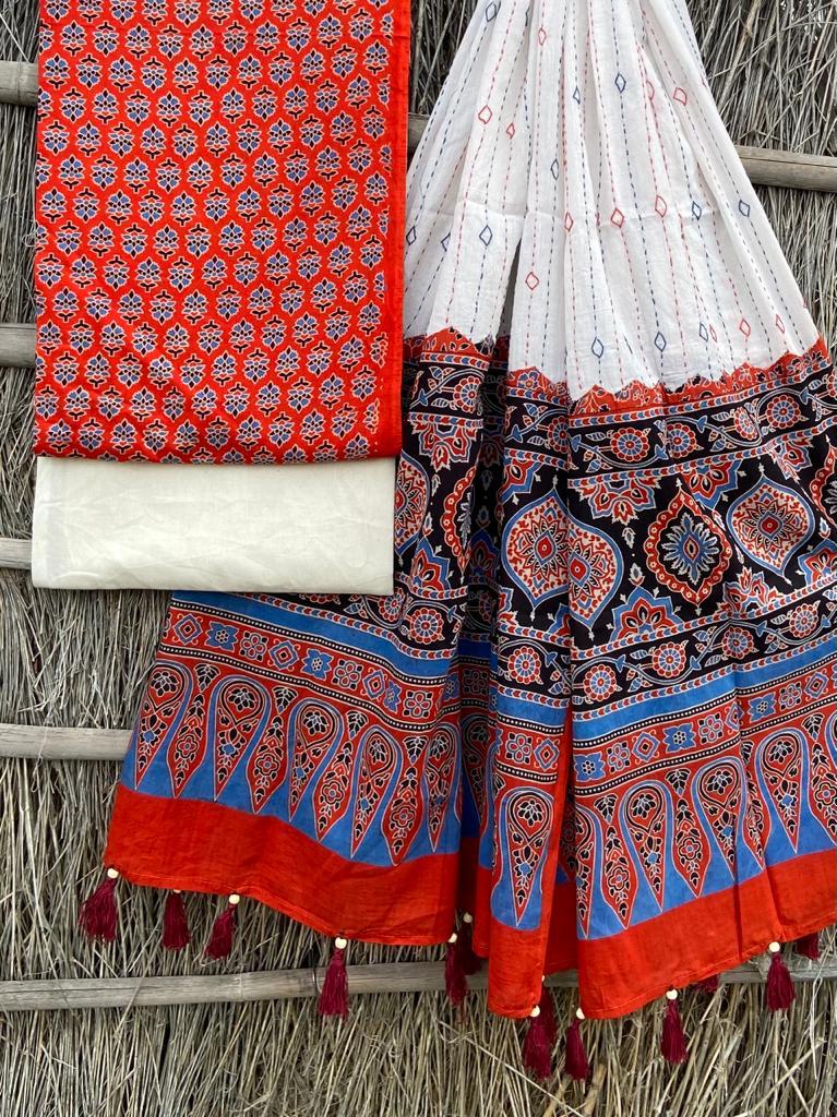 Ajrakh print top with hand kantha work dupatta cotton bottom