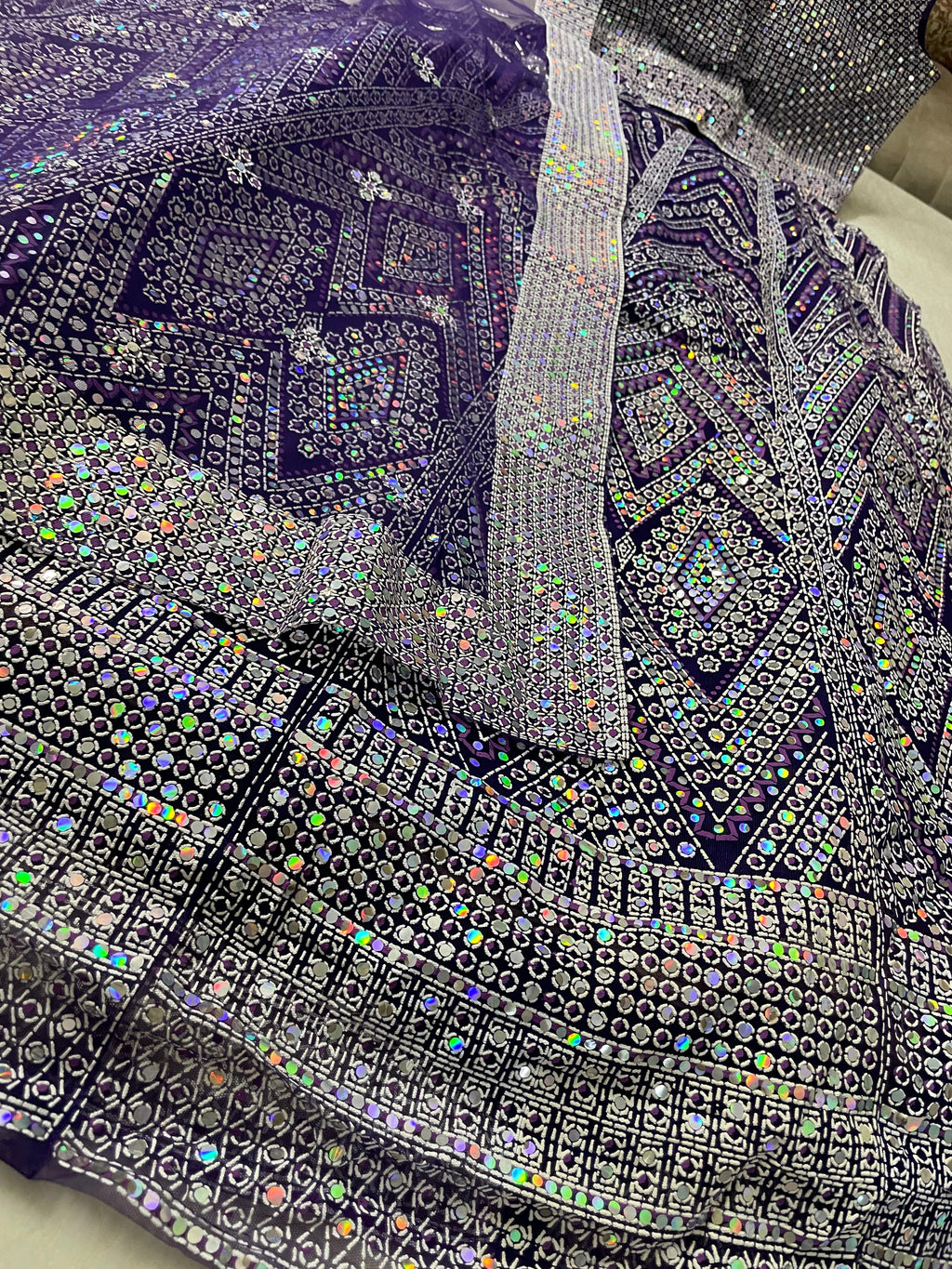 Net Rubber Print and Sequins Work Lehenga and Crop Top
