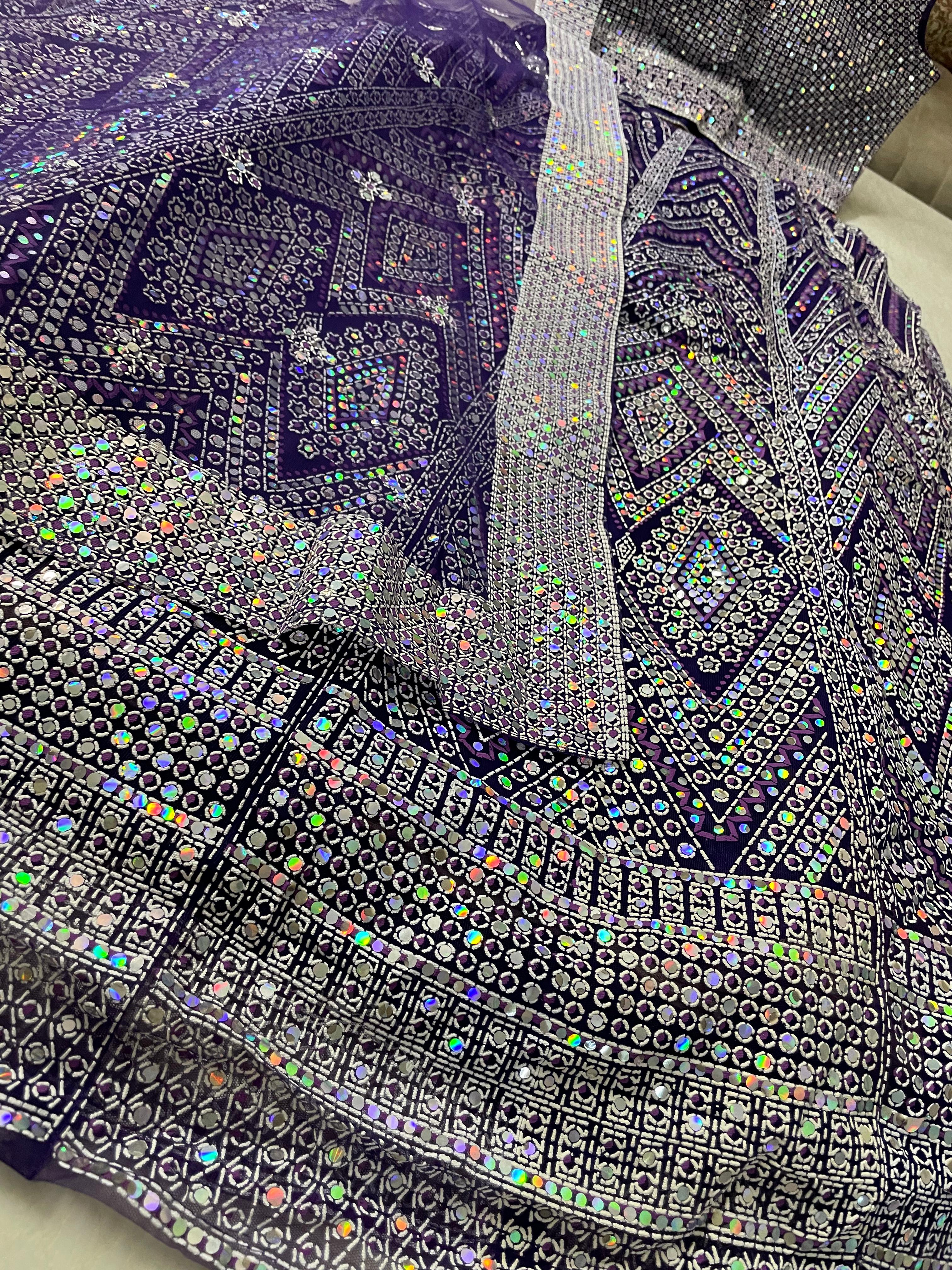 Net Rubber Print and Sequins Work Lehenga and Crop Top