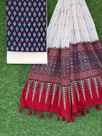 Ajrakh print top with hand kantha work dupatta cotton bottom